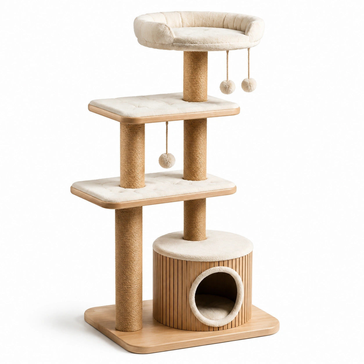 Arbre à chat en bois avec plateformes en polyester crème et poteaux de sisal