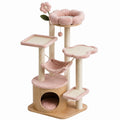 Arbre à chat en bois avec hamac et plateformes en peluche rose