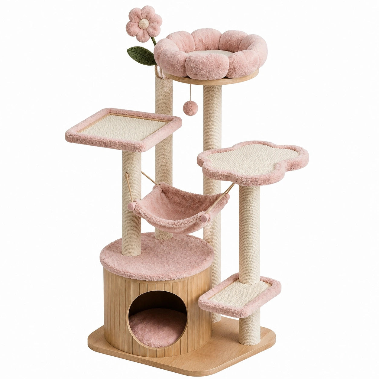 Arbre à chat en bois avec hamac et plateformes en peluche rose