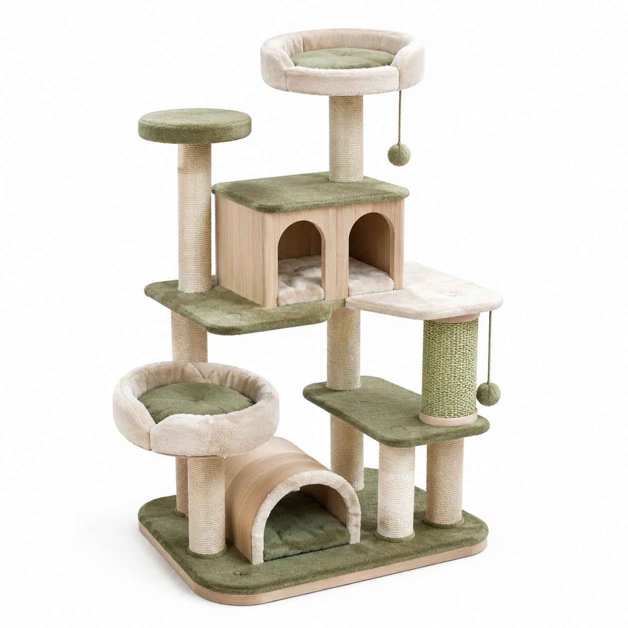 Arbre à Chat en Bois et Sisal avec Plates-formes Vertes et Beiges