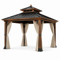 Pavillon en bois avec toit en métal et rideaux en polyester