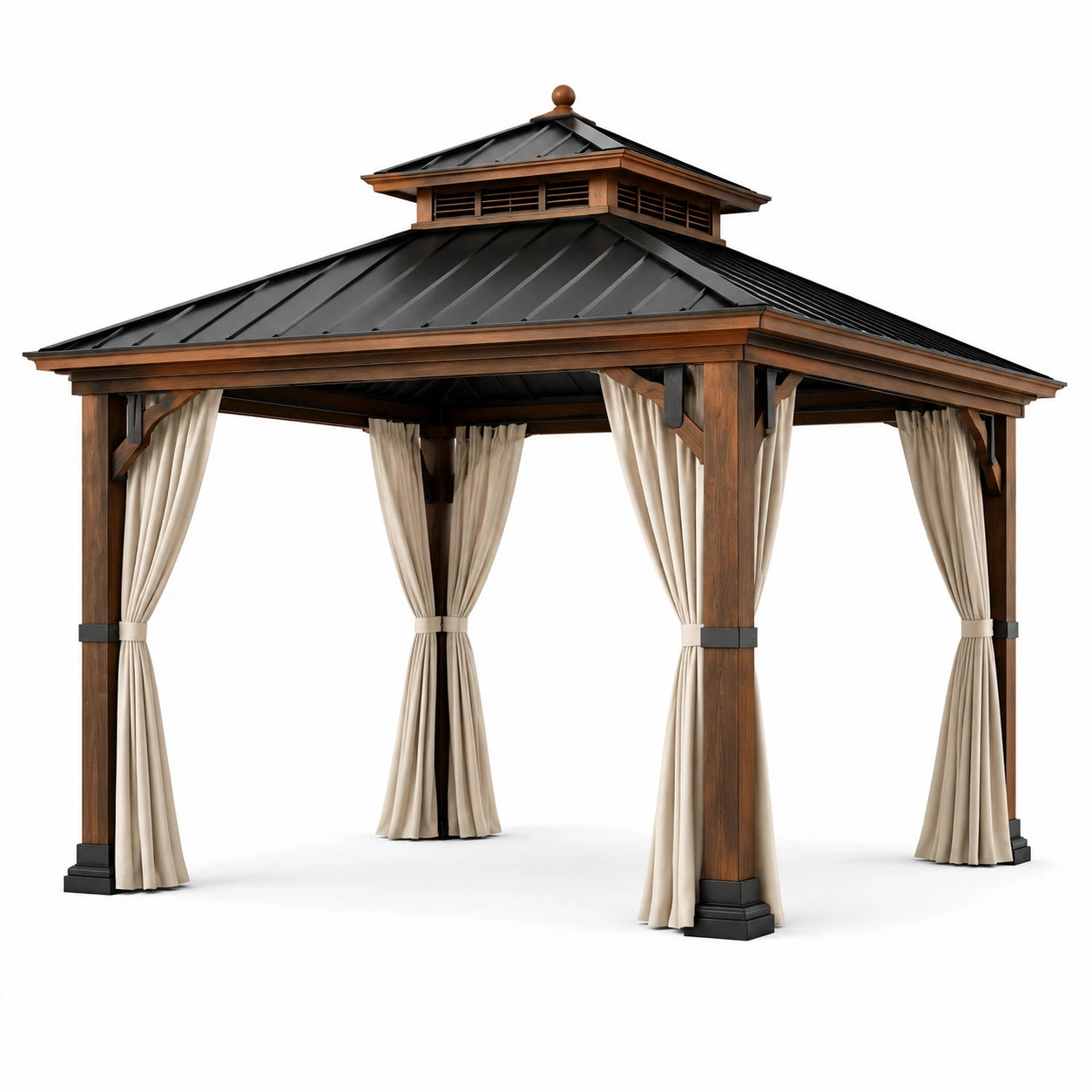 Pavillon en bois avec toit en métal et rideaux en polyester