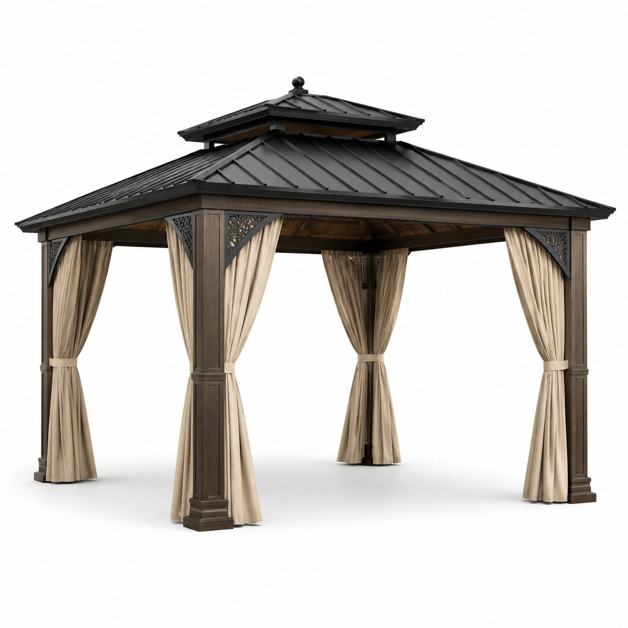 Pavillon de Jardin en Métal avec Toit en Acier et Rideaux en Polyester Beige 400x300 cm
