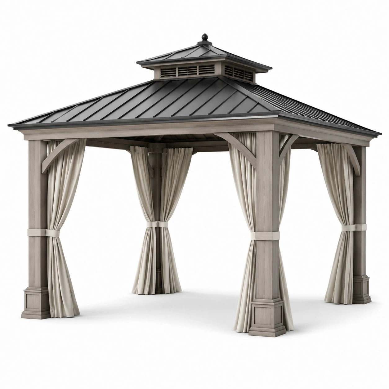Pavillon en bois avec toiture en métal et rideaux en polyester