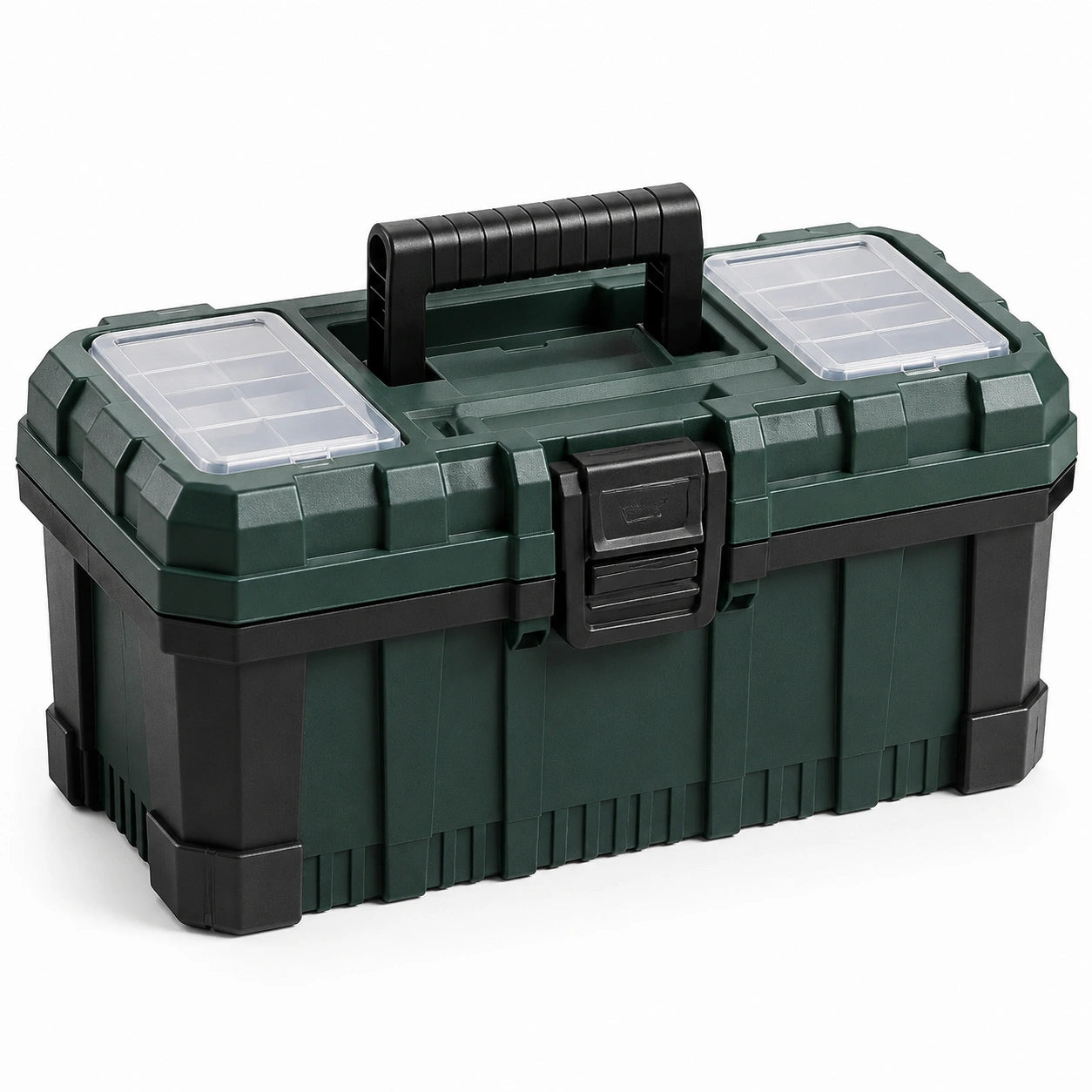 Boîte à outils plastique vert et noir avec compartiments transparents