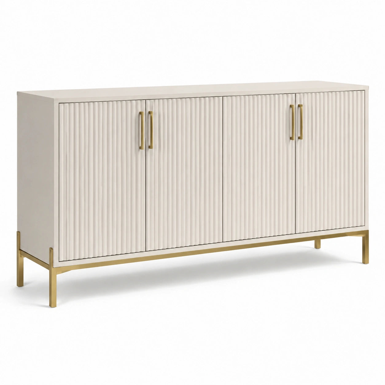 Buffet blanc avec portes cannelées en bois et pieds en métal doré