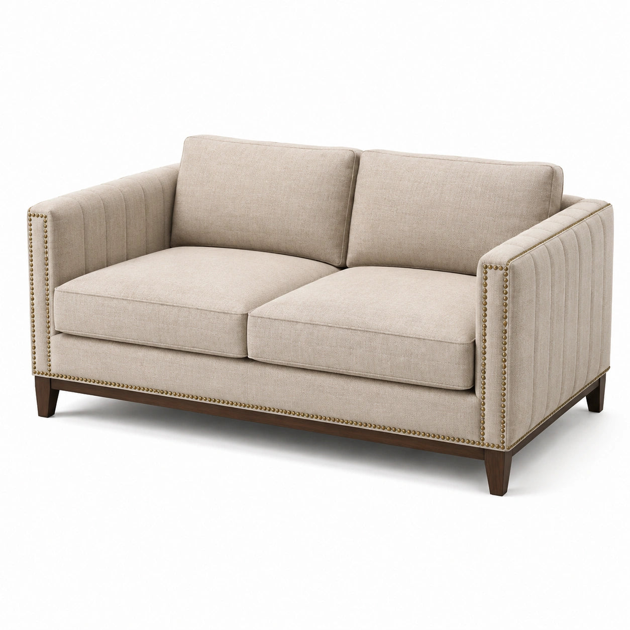 Canapé en tissu lin beige avec pieds en bois et clous décoratifs
