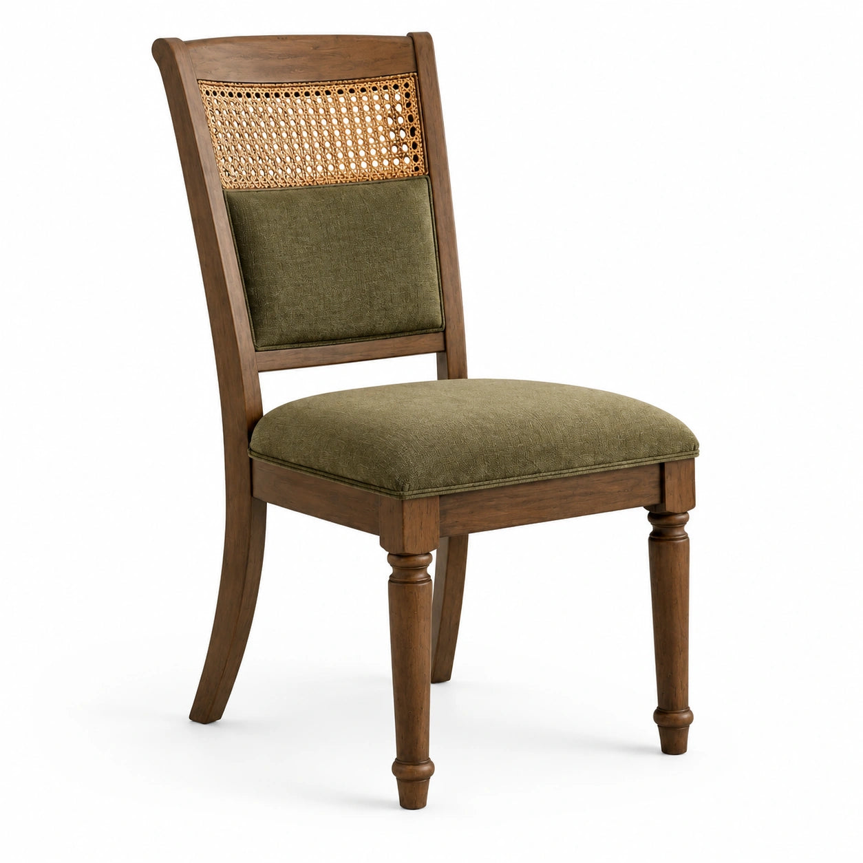 Chaise en bois avec dossier en rotin et assise en tissu vert