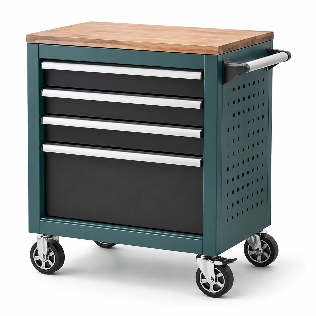 Chariot à outils en métal avec plateau en chêne et 4 tiroirs 85x65x35cm