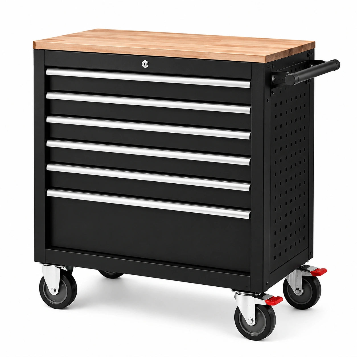 Chariot à outils en métal noir avec plateau en bois massif