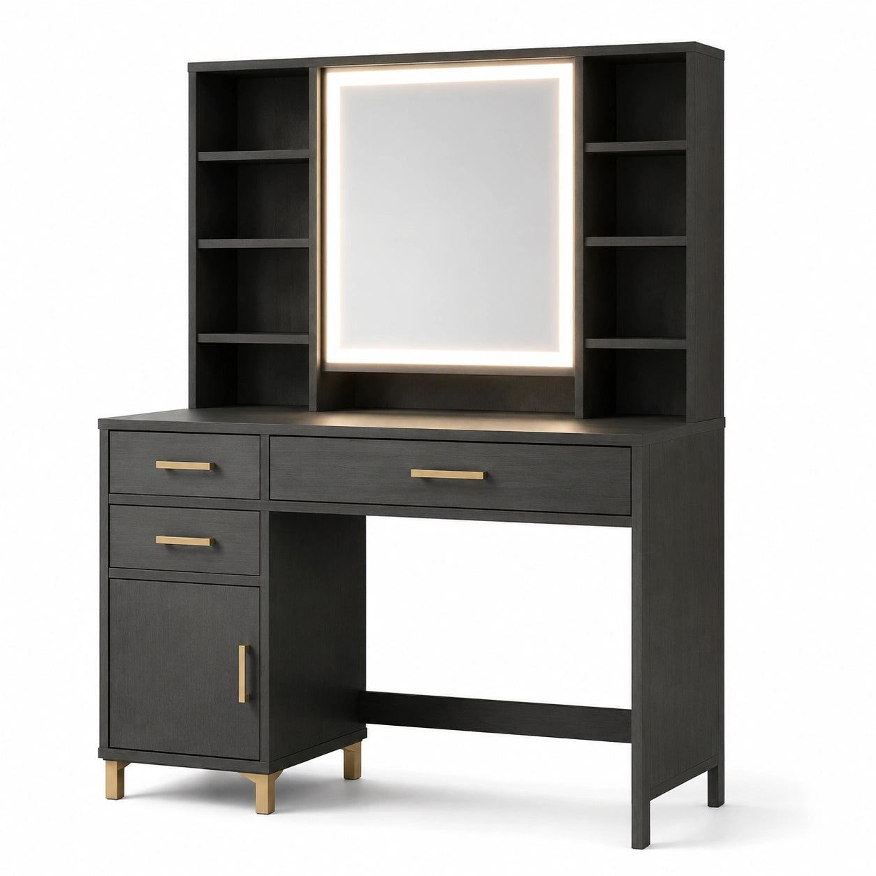 Coiffeuse en bois noir avec miroir LED et étagères intégrées