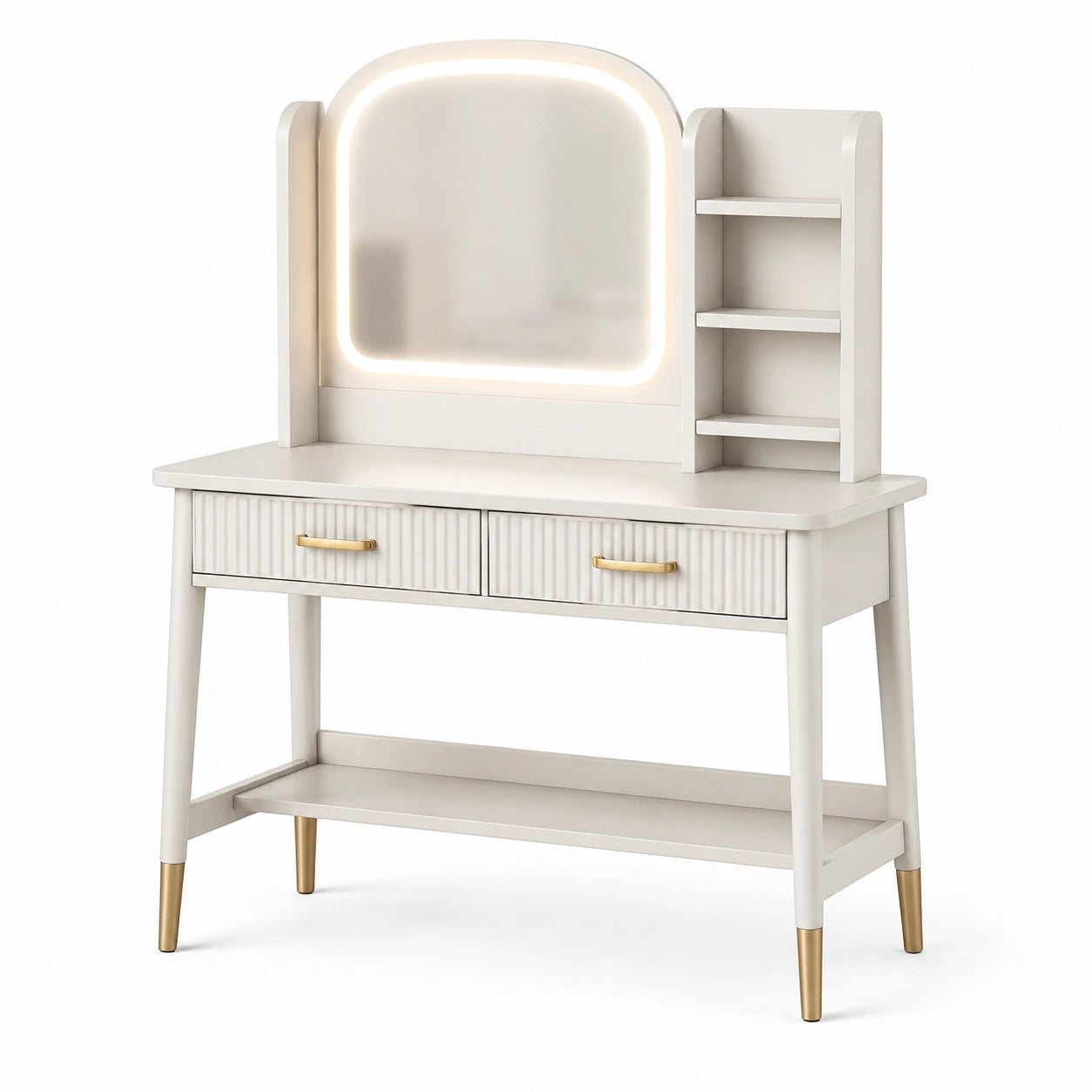 Coiffeuse blanche avec miroir LED et étagères en bois