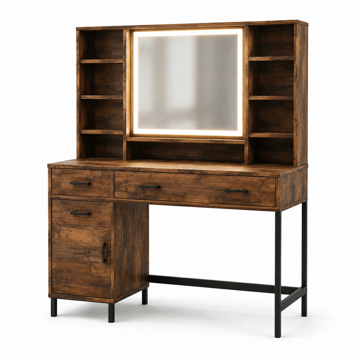 Coiffeuse en bois d'acacia avec miroir LED et étagères, marron, 120x45x140 cm