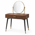 Coiffeuse en bois avec miroir rond et pieds en métal