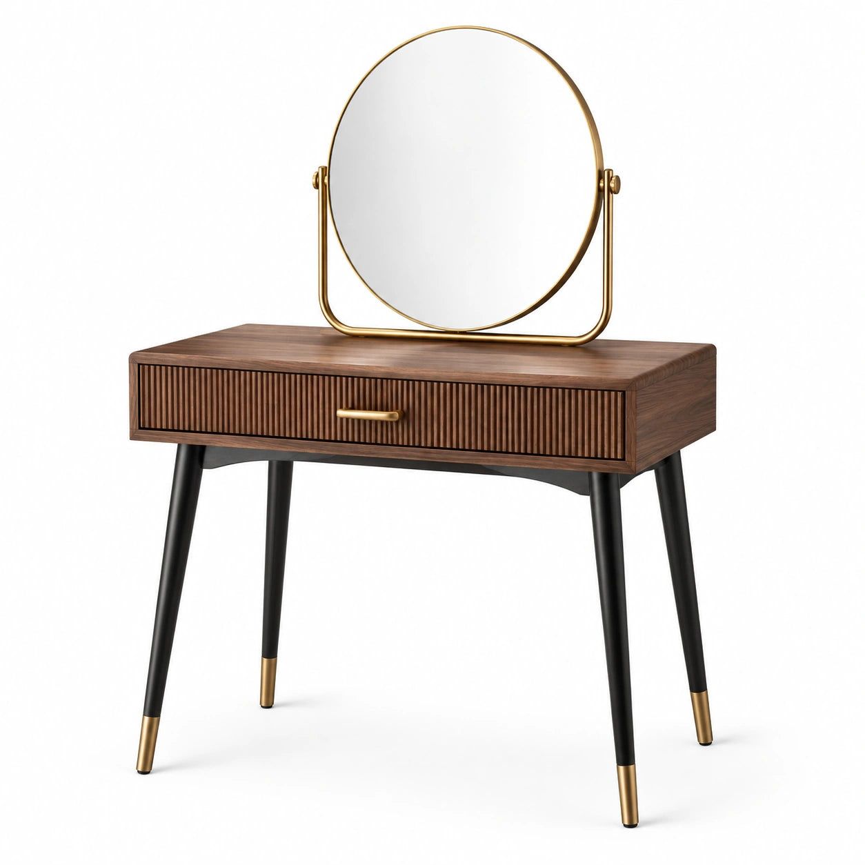 Coiffeuse en bois avec miroir rond et pieds en métal