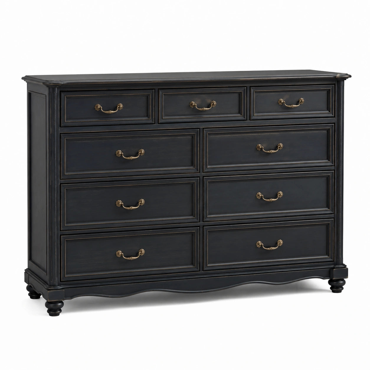 Commode en bois massif noir avec 9 tiroirs en laiton