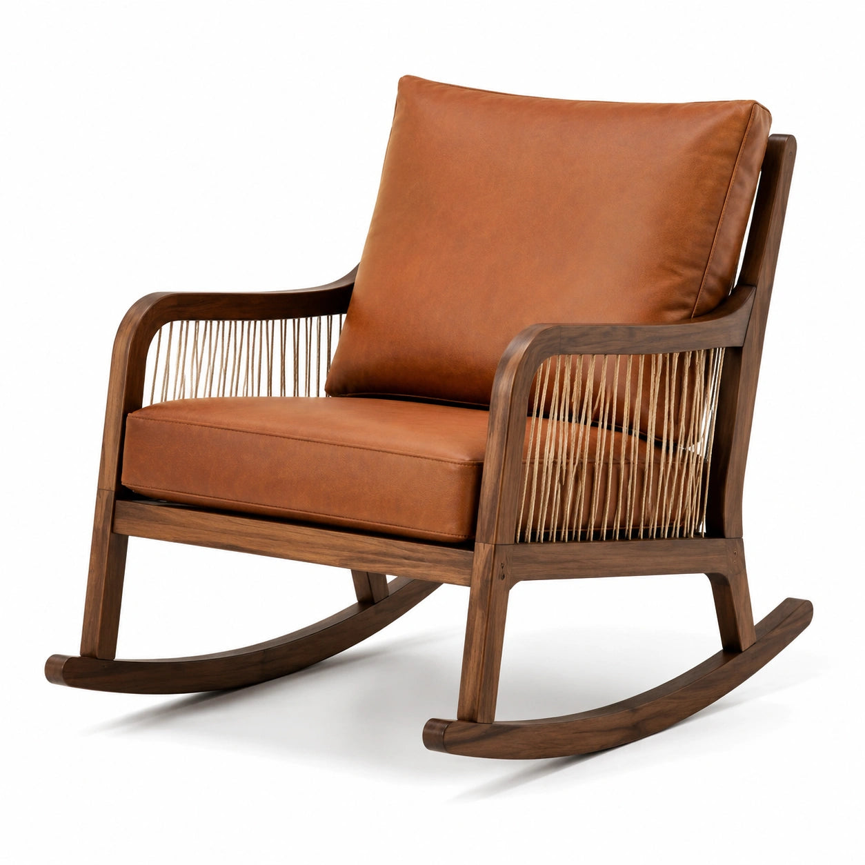 Fauteuil à bascule en bois et cuir synthétique marron