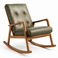 Fauteuil à bascule en bois avec coussin en cuir synthétique vert