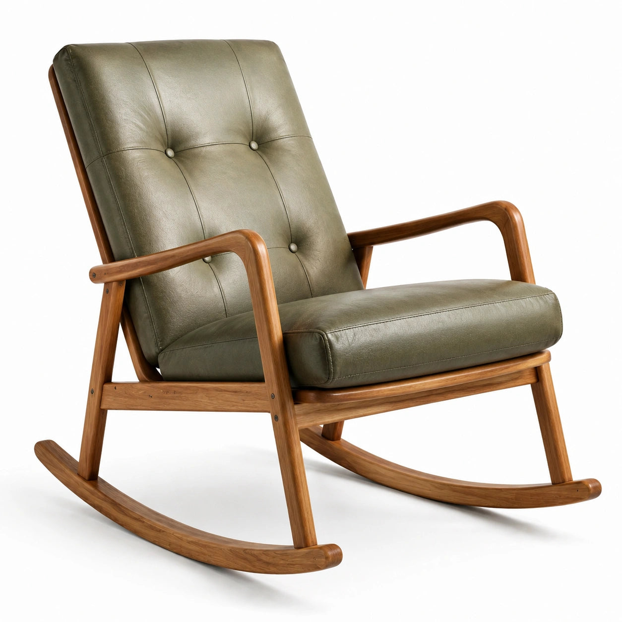 Fauteuil à bascule en bois avec coussin en cuir synthétique vert