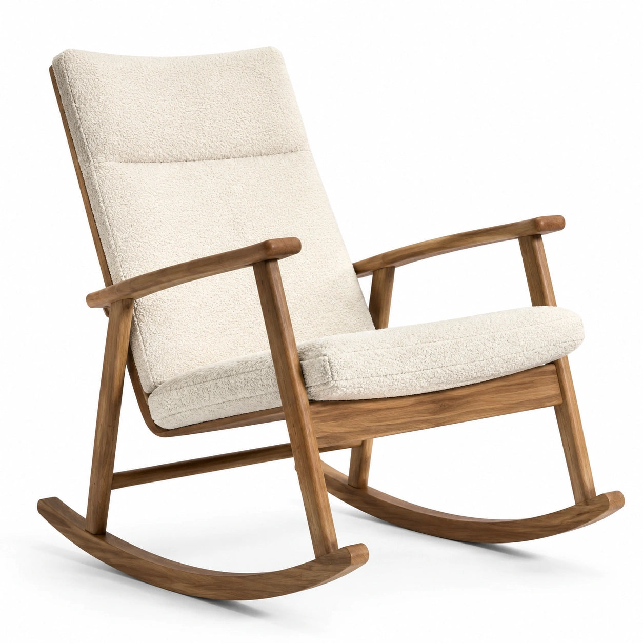 Chaise berçante en bois et tissu bouclette beige